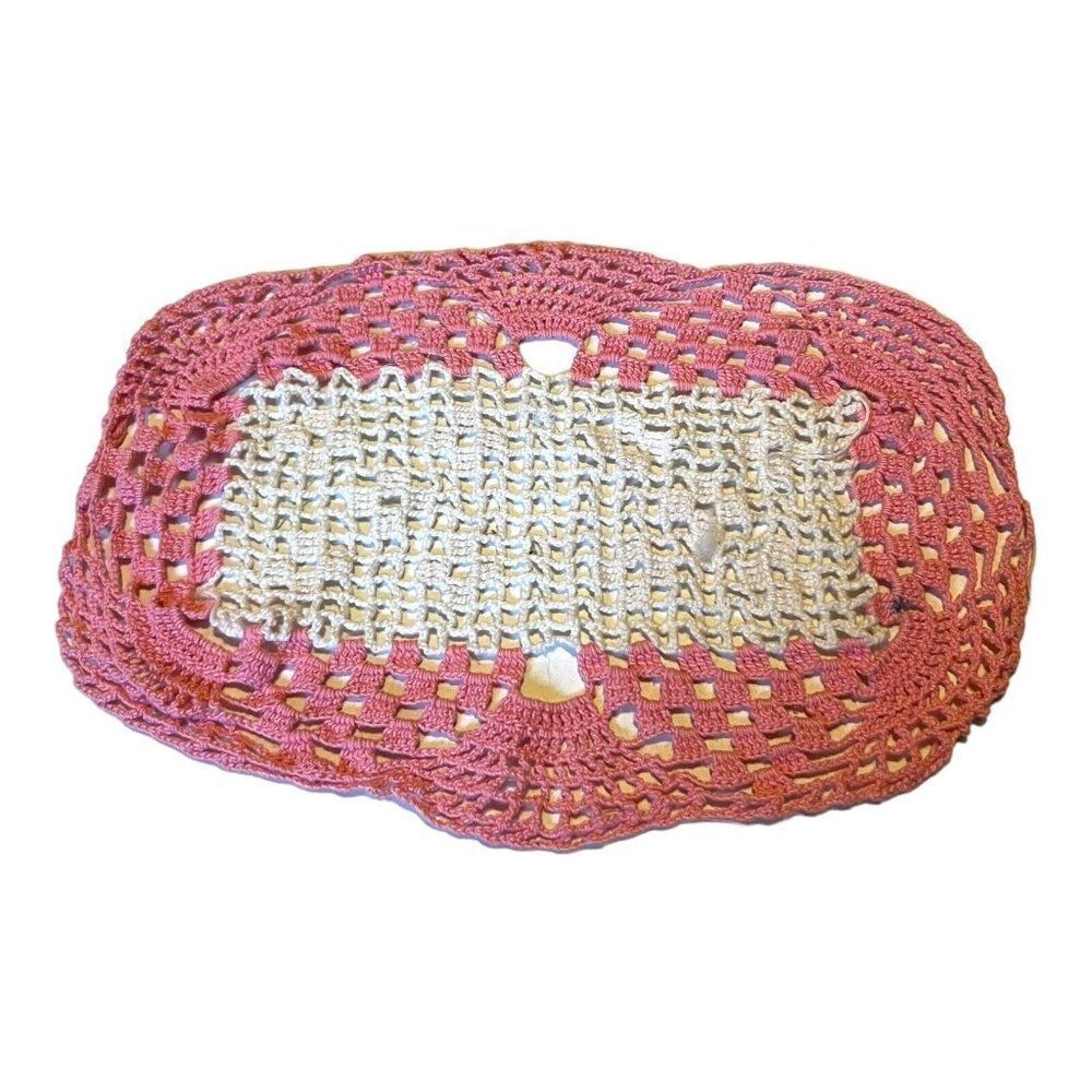 Large Casserole Dish Doily Rectangle White Crochet Pink Edge 7.5”x10.5” Boho